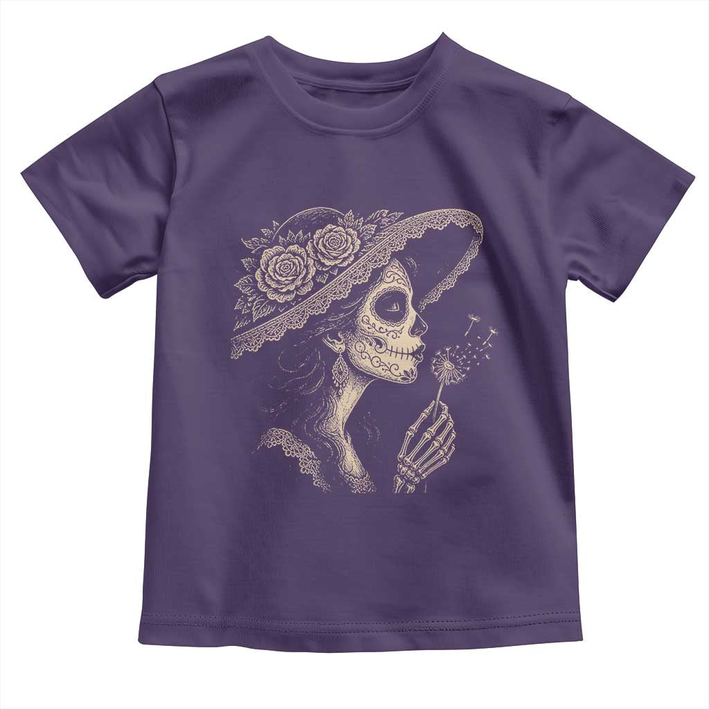 Vintage Dia de los Muertos Catrina Portrait Graphic Toddler T Shirt Gothic Sugar Skull Woman Blowing Dandelion TS02 Purple Print Your Wear