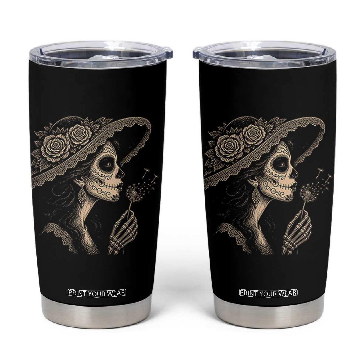 Vintage Dia de los Muertos Catrina Portrait Graphic Tumbler Cup Gothic Sugar Skull Woman Blowing Dandelion TS02 Black Print Your Wear