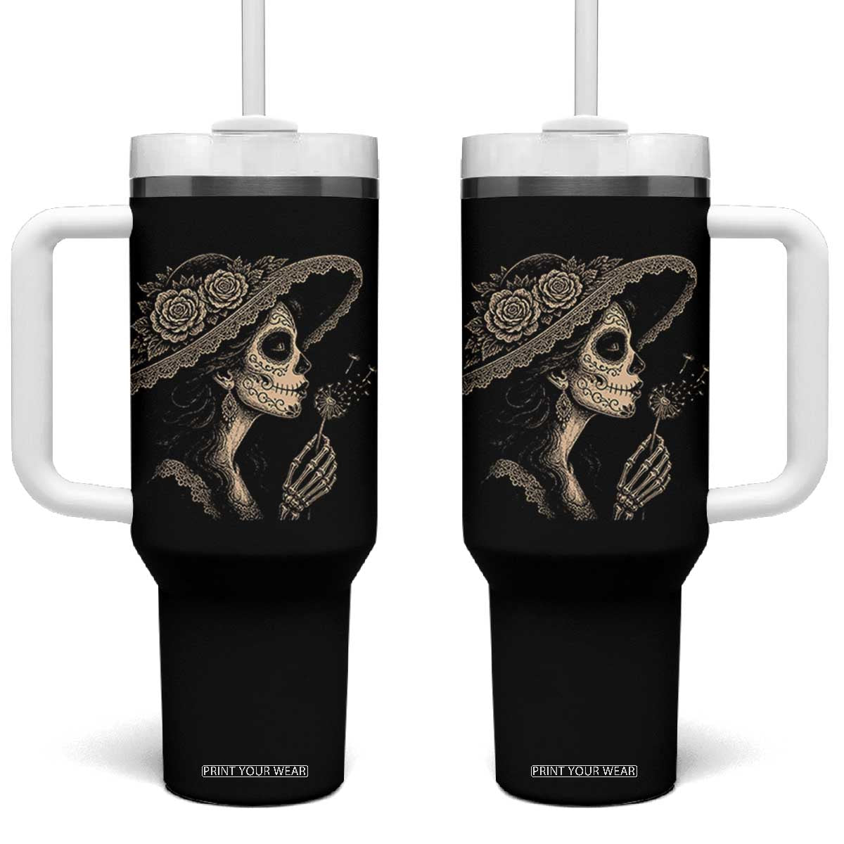 Vintage Dia de los Muertos Catrina Portrait Graphic Tumbler With Handle Gothic Sugar Skull Woman Blowing Dandelion TS02 One Size: 40 oz Black Print Your Wear