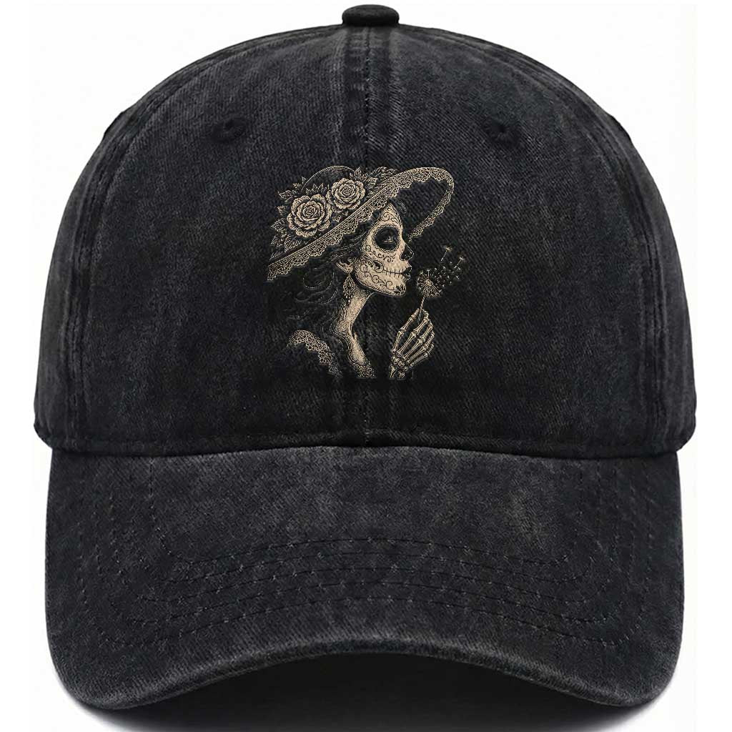 Vintage Dia de los Muertos Catrina Portrait Graphic Washed Cotton Baseball Cap Gothic Sugar Skull Woman Blowing Dandelion TS02 Print Your Wear
