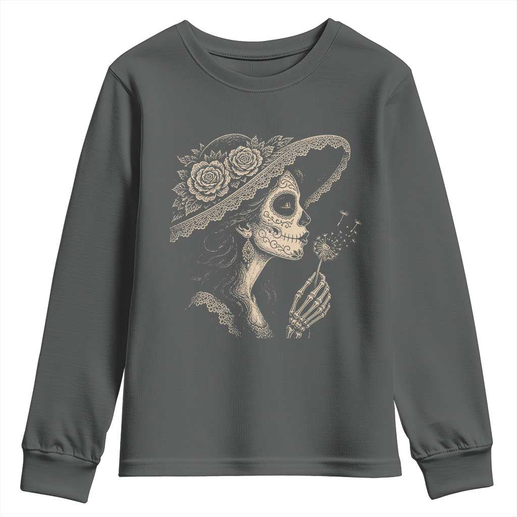 Vintage Dia de los Muertos Catrina Portrait Graphic Youth Sweatshirt Gothic Sugar Skull Woman Blowing Dandelion TS02 Dark Heather Print Your Wear