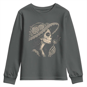 Vintage Dia de los Muertos Catrina Portrait Graphic Youth Sweatshirt Gothic Sugar Skull Woman Blowing Dandelion TS02 Dark Heather Print Your Wear