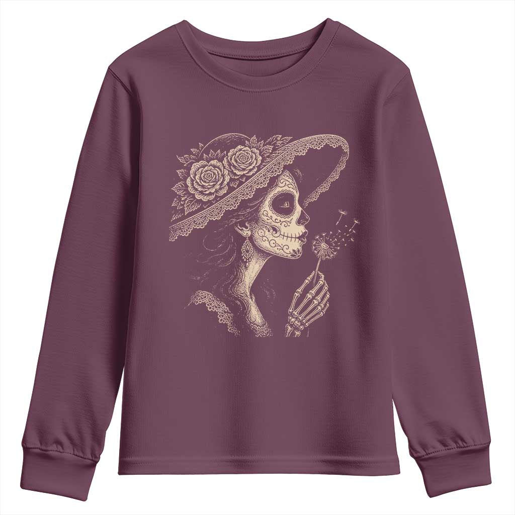 Vintage Dia de los Muertos Catrina Portrait Graphic Youth Sweatshirt Gothic Sugar Skull Woman Blowing Dandelion TS02 Maroon Print Your Wear