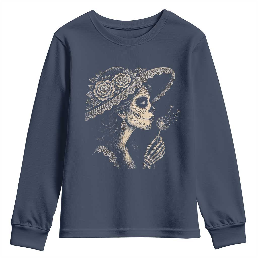 Vintage Dia de los Muertos Catrina Portrait Graphic Youth Sweatshirt Gothic Sugar Skull Woman Blowing Dandelion TS02 Navy Print Your Wear
