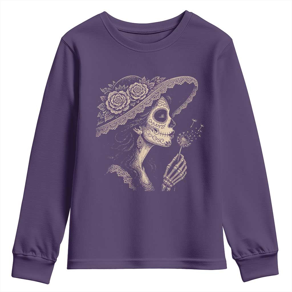 Vintage Dia de los Muertos Catrina Portrait Graphic Youth Sweatshirt Gothic Sugar Skull Woman Blowing Dandelion TS02 Purple Print Your Wear