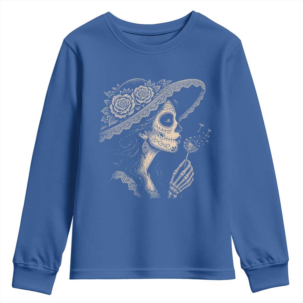 Vintage Dia de los Muertos Catrina Portrait Graphic Youth Sweatshirt Gothic Sugar Skull Woman Blowing Dandelion TS02 Royal Blue Print Your Wear