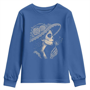 Vintage Dia de los Muertos Catrina Portrait Graphic Youth Sweatshirt Gothic Sugar Skull Woman Blowing Dandelion TS02 Royal Blue Print Your Wear