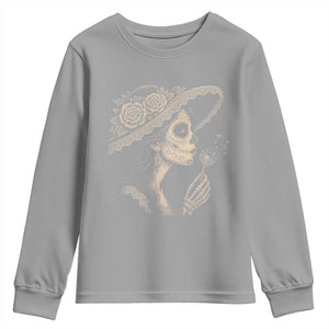 Vintage Dia de los Muertos Catrina Portrait Graphic Youth Sweatshirt Gothic Sugar Skull Woman Blowing Dandelion TS02 Sport Gray Print Your Wear
