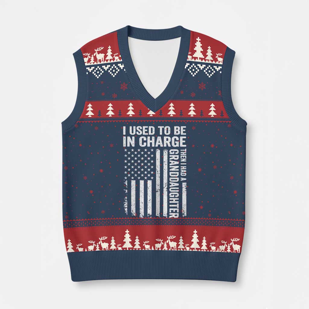 Patriotic American Flag Grandfather Pride V-Neck Knit Sweater Vest I Used To Be In Charge Granddaughter Funny Grandpas Girls Distressed USA Style TS02 Navy Red Print Your Wear