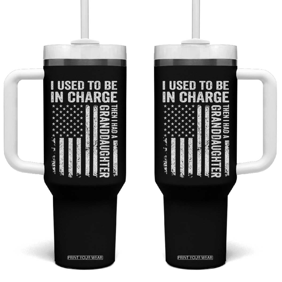 Patriotic American Flag Grandfather Pride Tumbler With Handle I Used To Be In Charge Granddaughter Funny Grandpas Girls Distressed USA Style