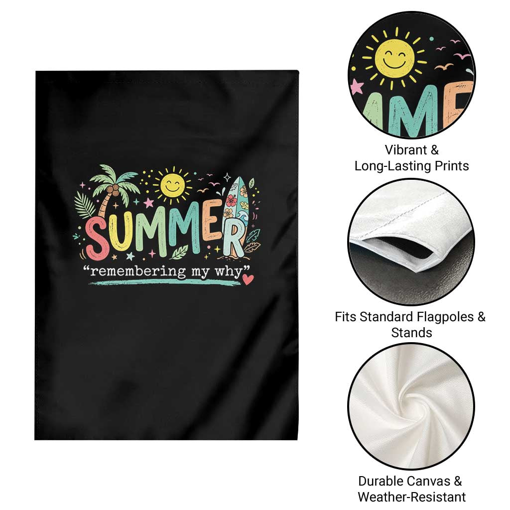 Summer Remembering My Why Garden Flag Cute Tropical Beach Palm Tree Surfboard Teacher Graphic