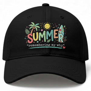 Summer Remembering My Why Baseball Cap Cute Tropical Beach Palm Tree Surfboard Teacher Graphic