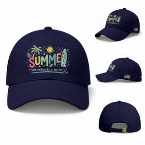 Summer Remembering My Why Baseball Cap Cute Tropical Beach Palm Tree Surfboard Teacher Graphic