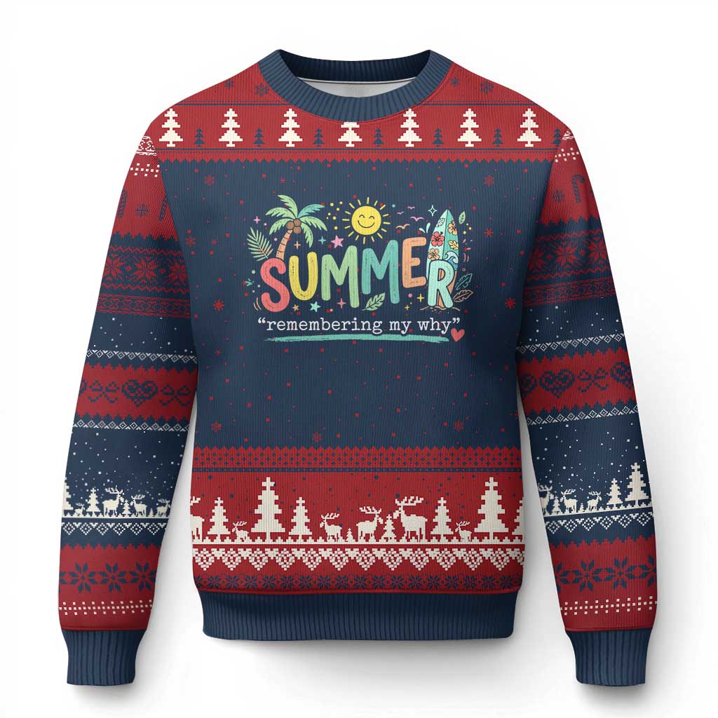 Summer Remembering My Why Ugly Christmas Sweater Cute Tropical Beach Palm Tree Surfboard Teacher Graphic TS02 Navy Red Print Your Wear