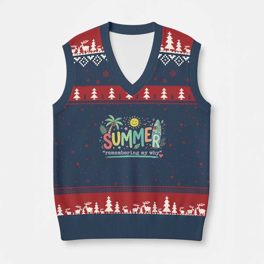 Summer Remembering My Why V-Neck Knit Sweater Vest Cute Tropical Beach Palm Tree Surfboard Teacher Graphic TS02 Navy Red Print Your Wear