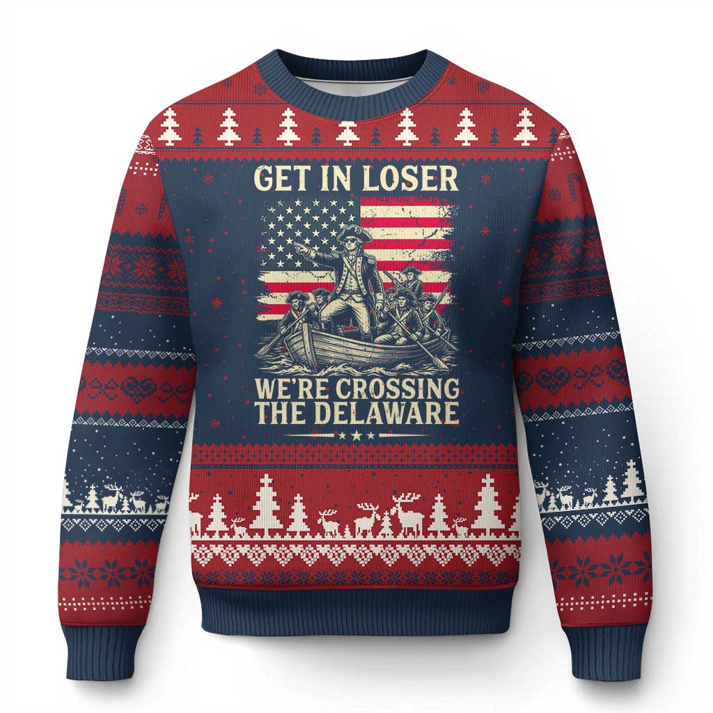 Get In Loser We're Crossing The Delaware Vintage Ugly Christmas Sweater Funny George Washington American Flag Patriotic Fireworks TS02 Navy Red Print Your Wear