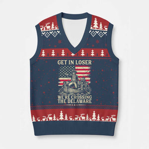 Get In Loser We're Crossing The Delaware Vintage V-Neck Knit Sweater Vest Funny George Washington American Flag Patriotic Fireworks TS02 Navy Red Print Your Wear