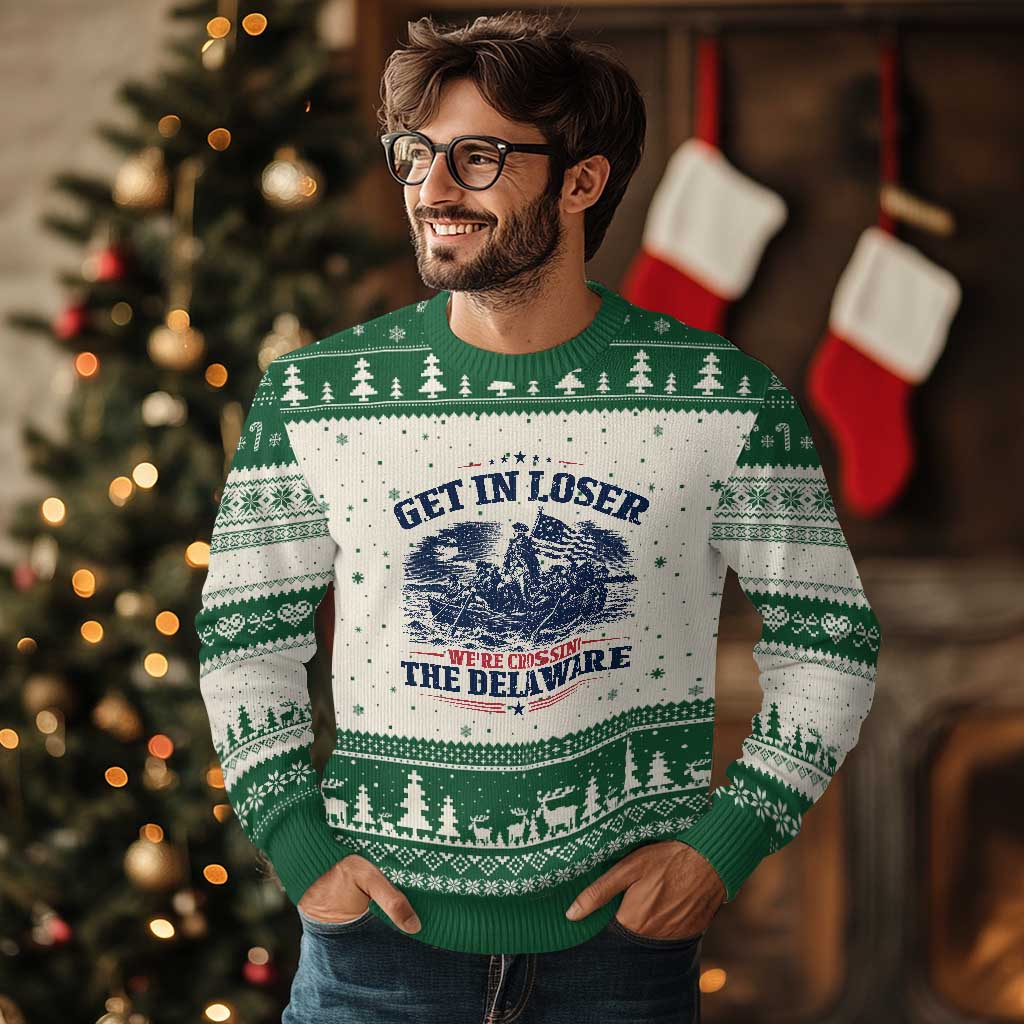 Get In Loser We're Crossing The Delaware Retro Ugly Christmas Sweater Distressed George Washington Boat Scene Patriotic American Revolution Humor TS02 Beige Green Print Your Wear