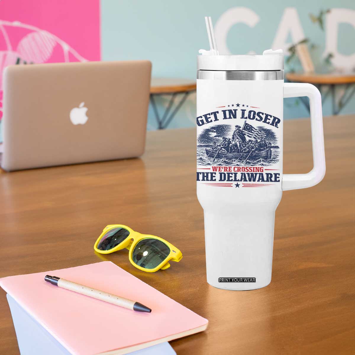 Get In Loser We're Crossing The Delaware Retro Tumbler With Handle Distressed George Washington Boat Scene Patriotic American Revolution Humor TS02 Print Your Wear