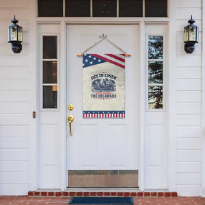 Get In Loser We're Crossing The Delaware Retro Patriotic Garden Flag Distressed George Washington Boat Scene American Revolution Humor