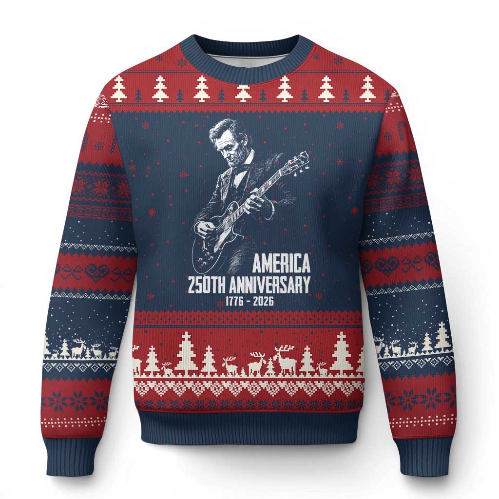 America 250th Anniversary Abraham Lincoln Rock Star Ugly Christmas Sweater Funny Electric Guitar Player 1776 to 2026 Semiquincentennial TS02 Navy Red Print Your Wear