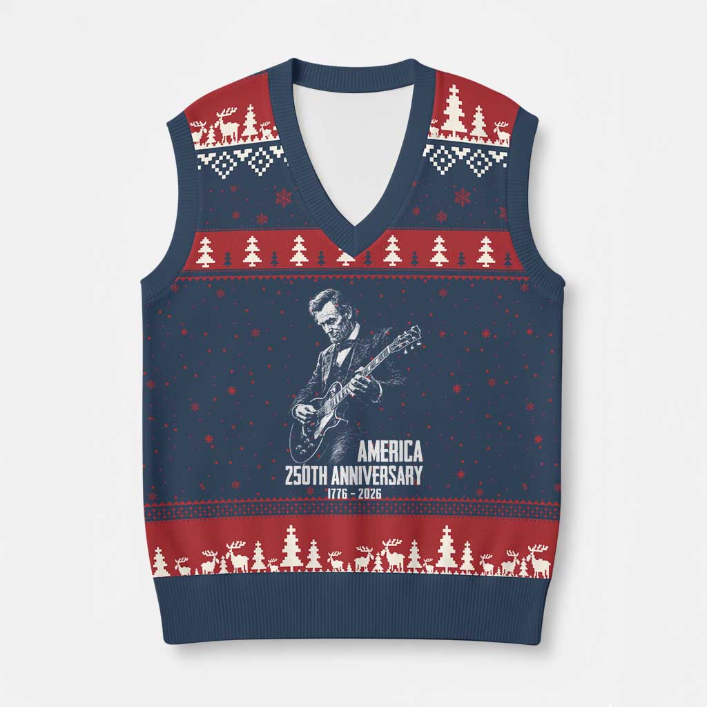 America 250th Anniversary Abraham Lincoln Rock Star V-Neck Knit Sweater Vest Funny Electric Guitar Player 1776 to 2026 Semiquincentennial TS02 Navy Red Print Your Wear