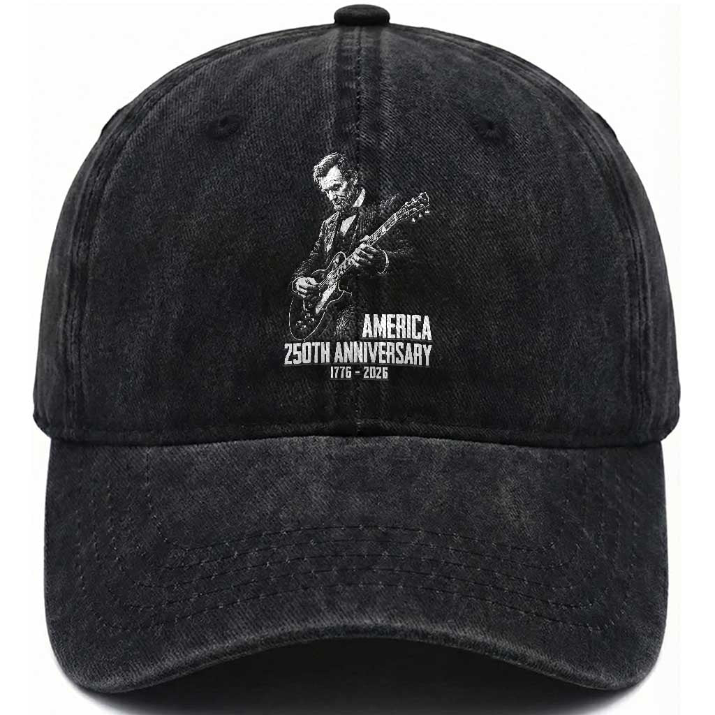 America 250th Anniversary Abraham Lincoln Rock Star Washed Cotton Baseball Cap Funny Electric Guitar Player 1776 to 2026 Semiquincentennial