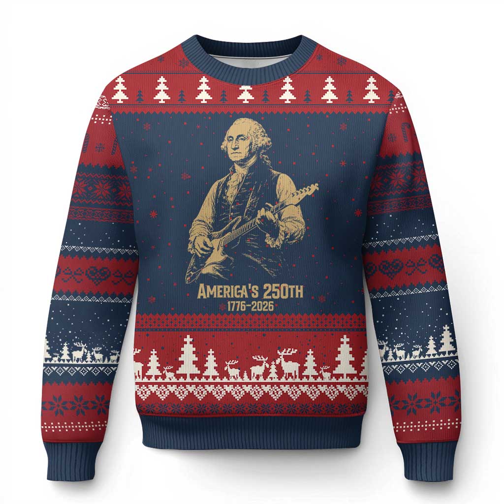 America's 250th George Washington Rock Star Ugly Christmas Sweater Funny Electric Guitar Player Vintage 1776 to 2026 Semiquincentennial
