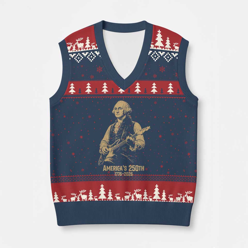 America's 250th George Washington Rock Star V-Neck Knit Sweater Vest Funny Electric Guitar Player Vintage 1776 to 2026 Semiquincentennial TS02 Navy Red Print Your Wear