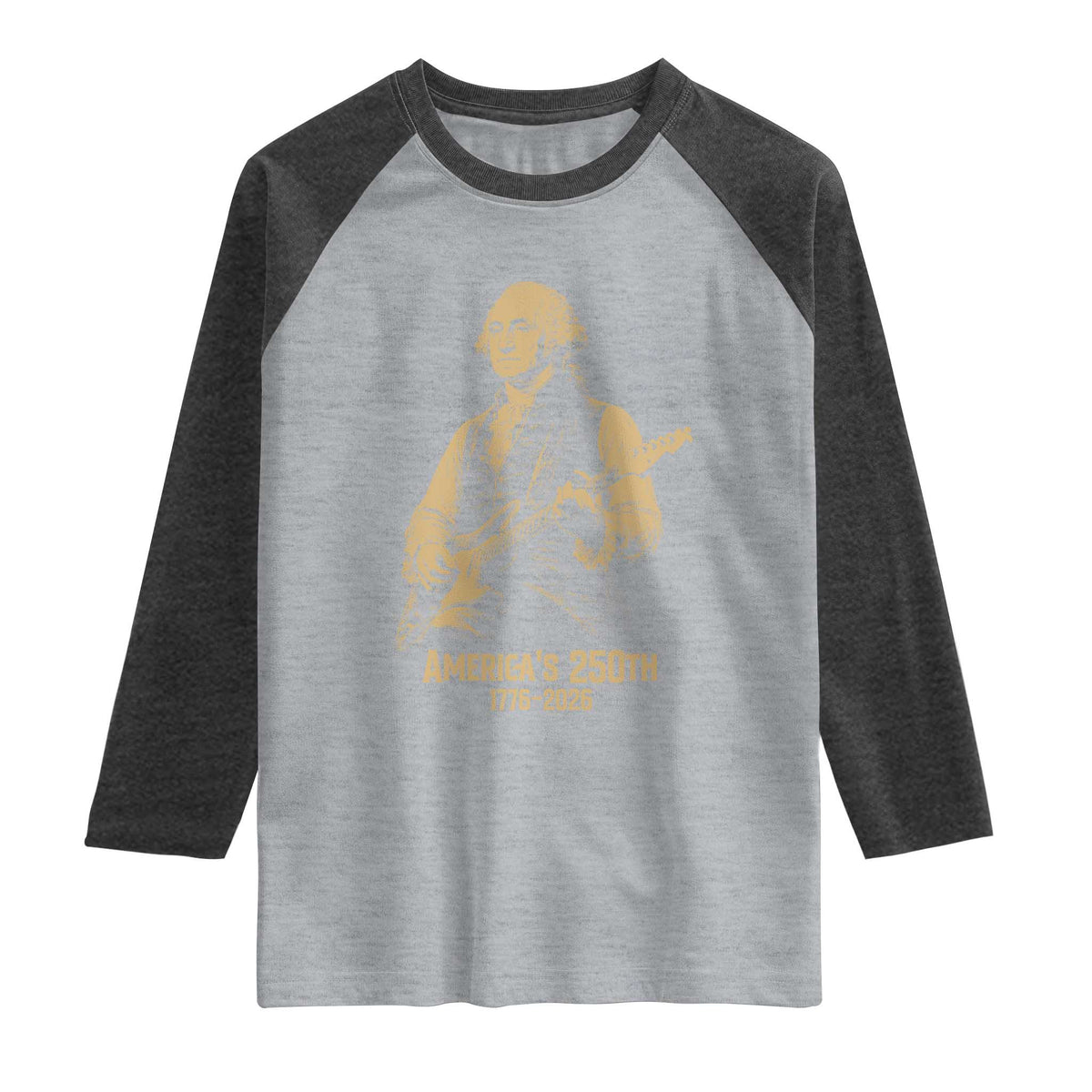 America's 250th George Washington Rock Star Raglan Shirt Funny Electric Guitar Player Vintage 1776 to 2026 Semiquincentennial TS02 Heather Gray Heather Charcoal Print Your Wear