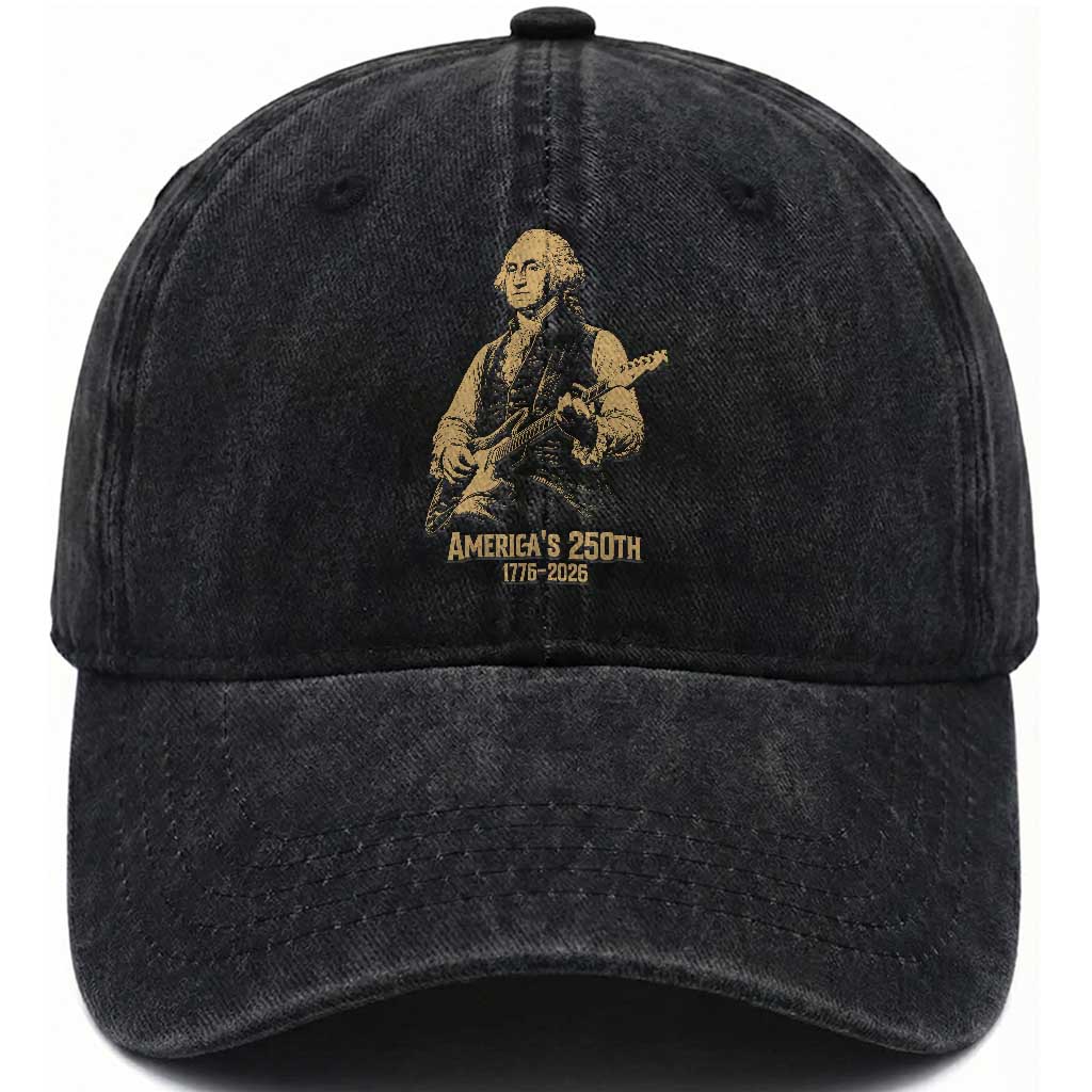 America's 250th George Washington Rock Star Washed Cotton Baseball Cap Funny Electric Guitar Player Vintage 1776 to 2026 Semiquincentennial TS02 Print Your Wear