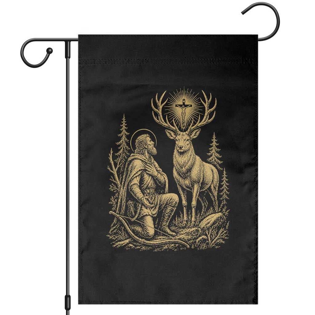 Saint Hubert Patron Saint of Hunters Vintage Woodcut Garden Flag Catholic Faith and Hunting Heritage Gift TS02 Black Print Your Wear
