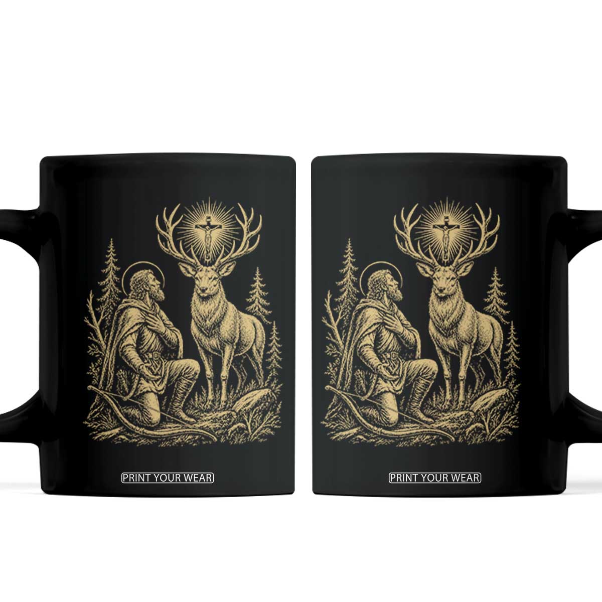 Saint Hubert Patron Saint of Hunters Vintage Woodcut Coffee Mug Catholic Faith and Hunting Heritage Gift