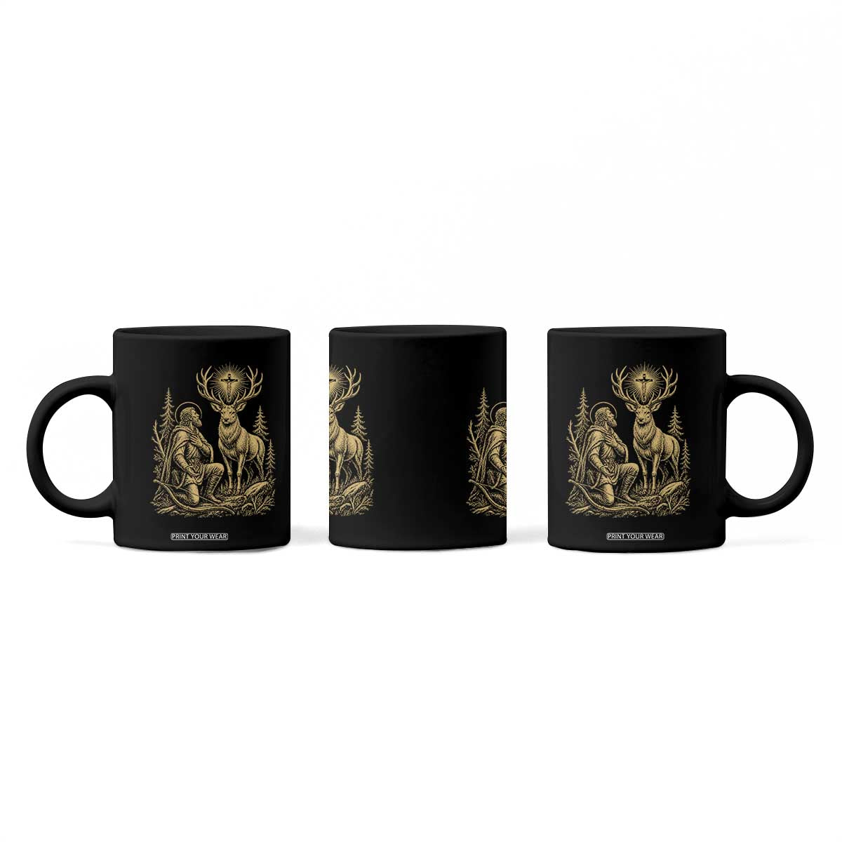 Saint Hubert Patron Saint of Hunters Vintage Woodcut Coffee Mug Catholic Faith and Hunting Heritage Gift