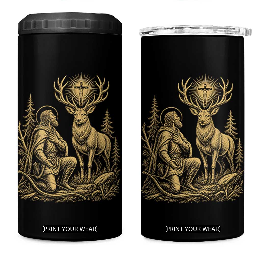 Saint Hubert Patron Saint of Hunters Vintage Woodcut 4 in 1 Can Cooler Tumbler Catholic Faith and Hunting Heritage Gift