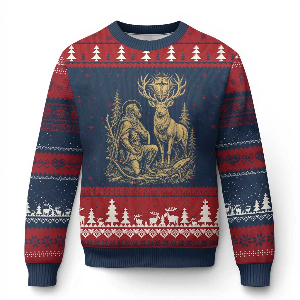 Saint Hubert Patron Saint of Hunters Vintage Woodcut Ugly Christmas Sweater Catholic Faith and Hunting Heritage Gift TS02 Navy Red Print Your Wear