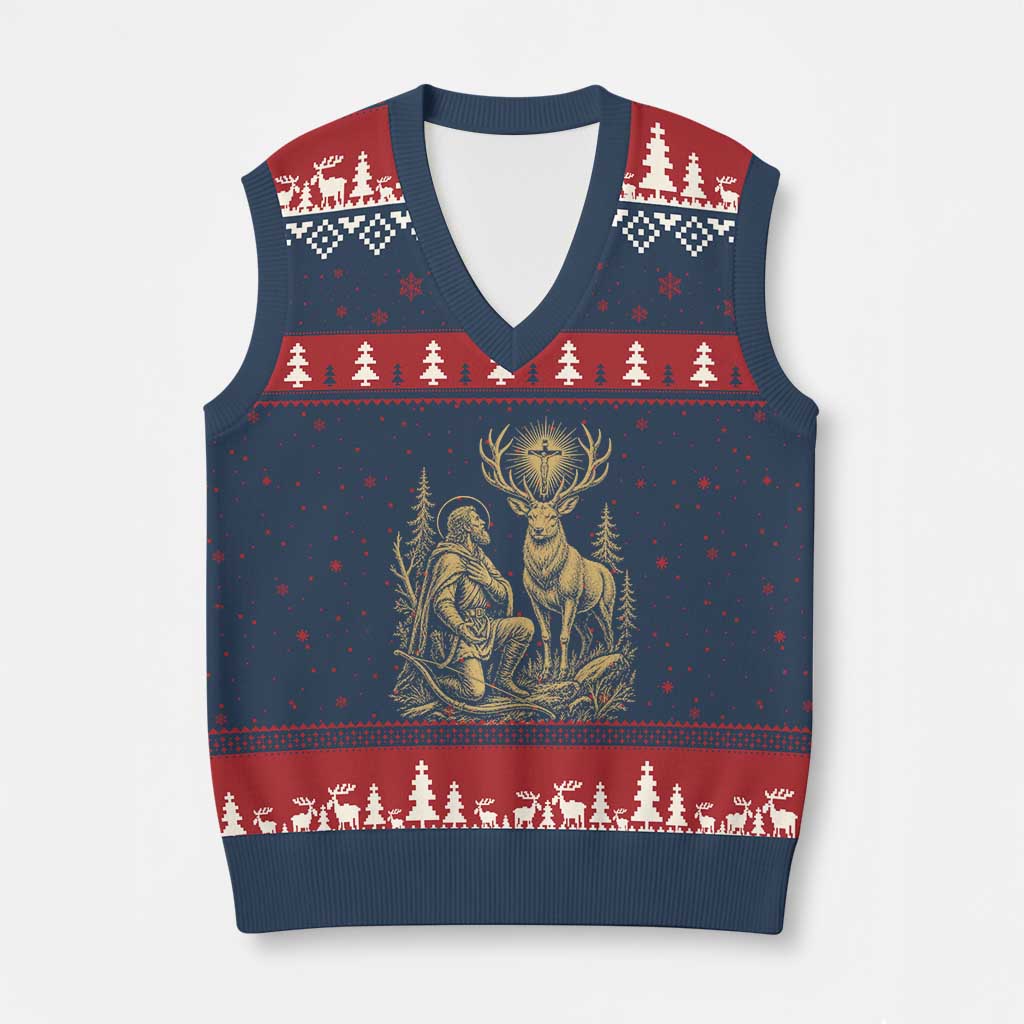 Saint Hubert Patron Saint of Hunters Vintage Woodcut V-Neck Knit Sweater Vest Catholic Faith and Hunting Heritage Gift