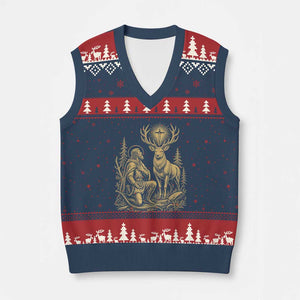 Saint Hubert Patron Saint of Hunters Vintage Woodcut V-Neck Knit Sweater Vest Catholic Faith and Hunting Heritage Gift