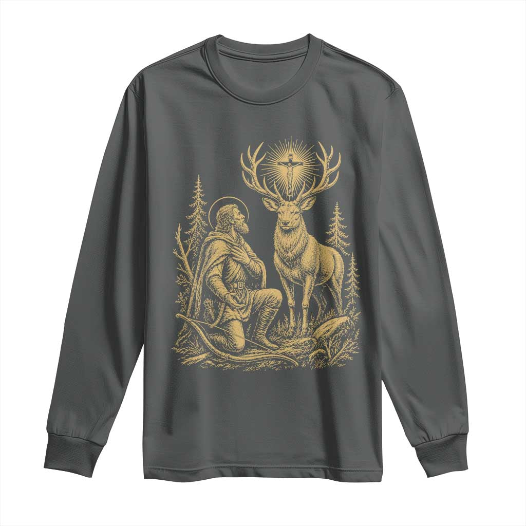 Saint Hubert Patron Saint of Hunters Vintage Woodcut Long Sleeve Shirt Catholic Faith and Hunting Heritage Gift