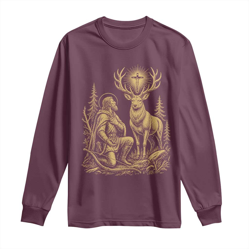 Saint Hubert Patron Saint of Hunters Vintage Woodcut Long Sleeve Shirt Catholic Faith and Hunting Heritage Gift