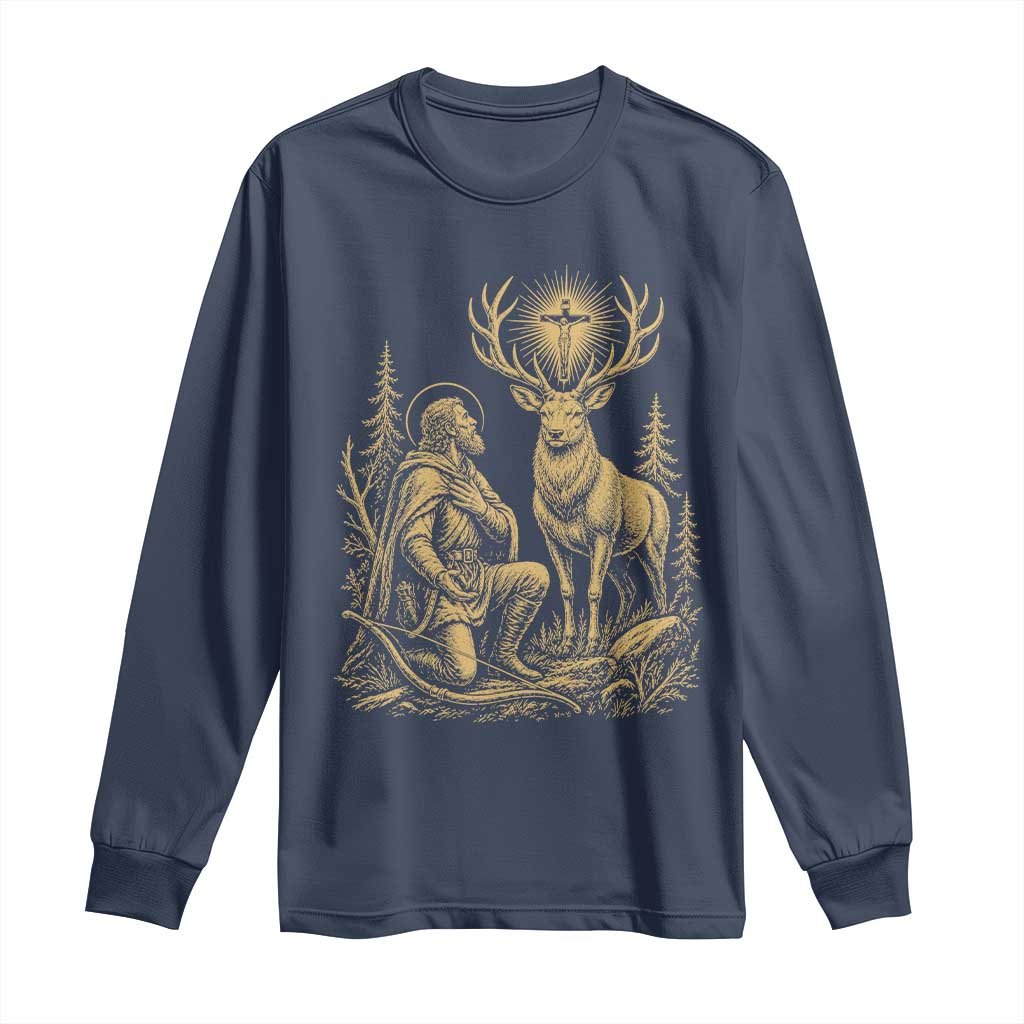 Saint Hubert Patron Saint of Hunters Vintage Woodcut Long Sleeve Shirt Catholic Faith and Hunting Heritage Gift