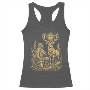 Saint Hubert Patron Saint of Hunters Vintage Woodcut Racerback Tank Top Catholic Faith and Hunting Heritage Gift