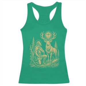 Saint Hubert Patron Saint of Hunters Vintage Woodcut Racerback Tank Top Catholic Faith and Hunting Heritage Gift