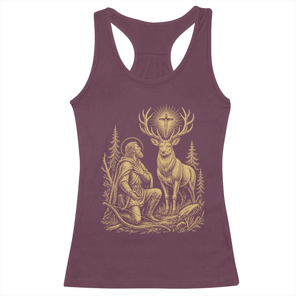 Saint Hubert Patron Saint of Hunters Vintage Woodcut Racerback Tank Top Catholic Faith and Hunting Heritage Gift