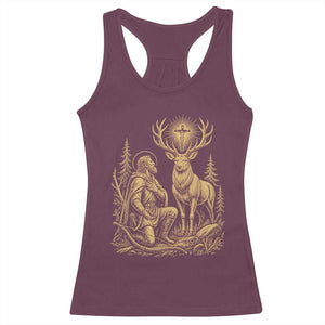 Saint Hubert Patron Saint of Hunters Vintage Woodcut Racerback Tank Top Catholic Faith and Hunting Heritage Gift