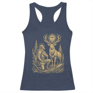 Saint Hubert Patron Saint of Hunters Vintage Woodcut Racerback Tank Top Catholic Faith and Hunting Heritage Gift