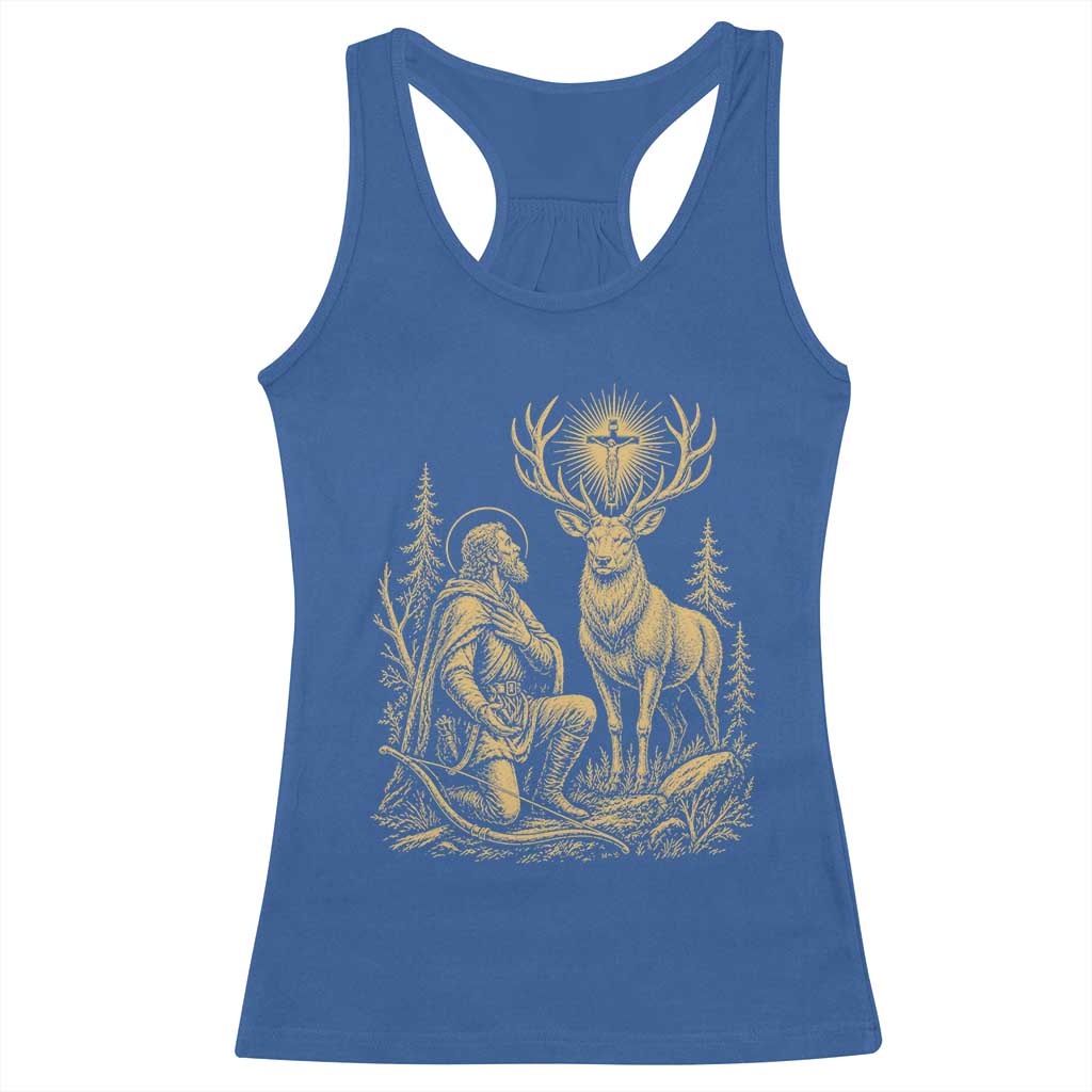 Saint Hubert Patron Saint of Hunters Vintage Woodcut Racerback Tank Top Catholic Faith and Hunting Heritage Gift