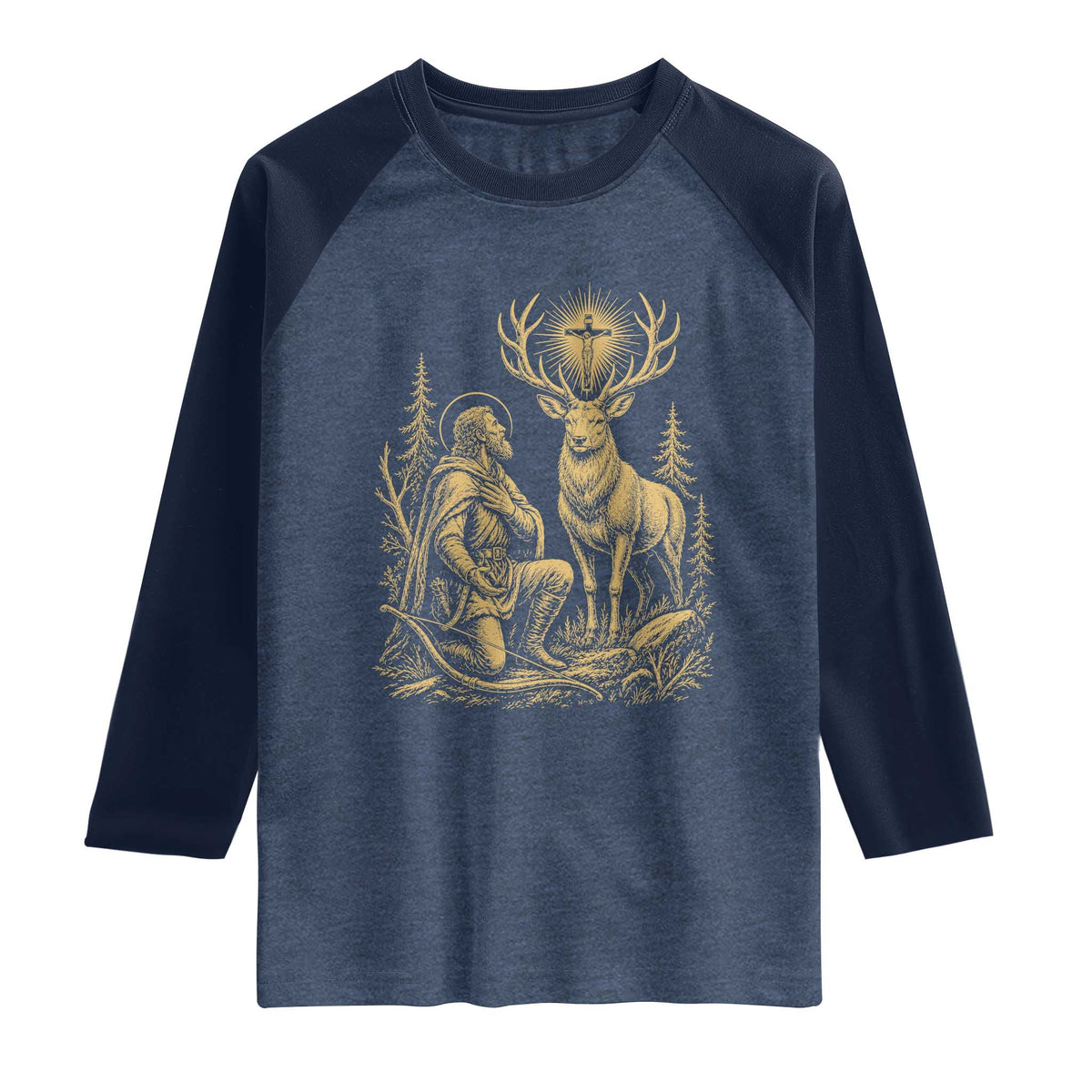 Saint Hubert Patron Saint of Hunters Vintage Woodcut Raglan Shirt Catholic Faith and Hunting Heritage Gift