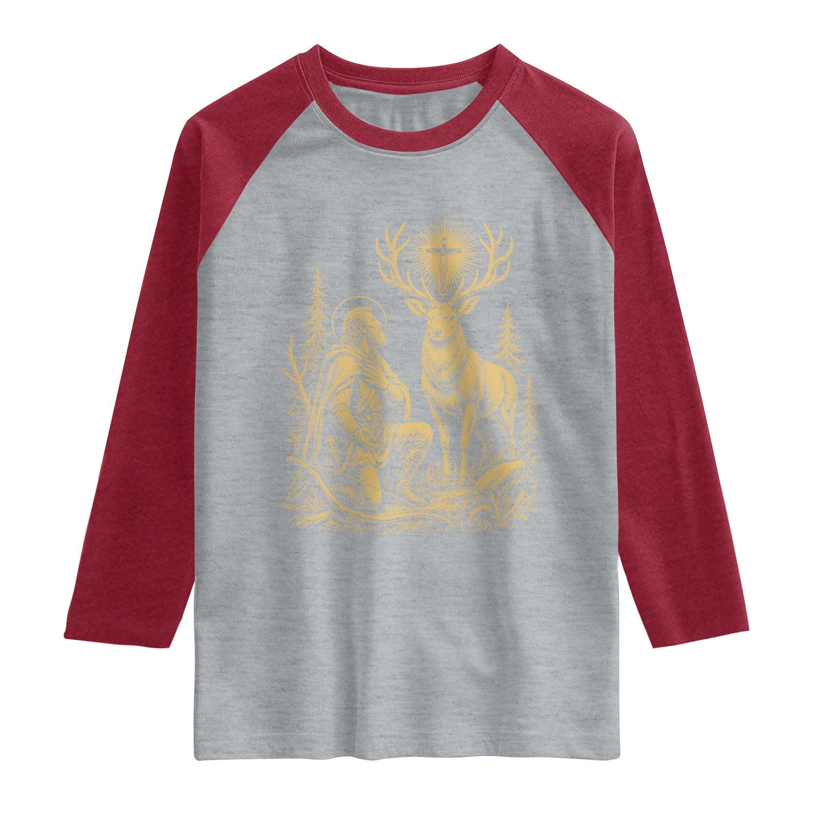 Saint Hubert Patron Saint of Hunters Vintage Woodcut Raglan Shirt Catholic Faith and Hunting Heritage Gift