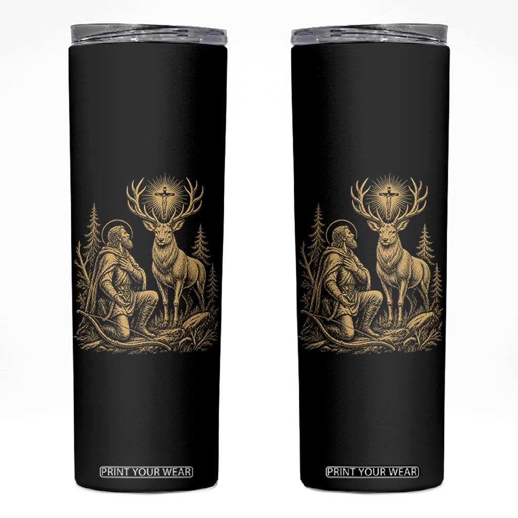 Saint Hubert Patron Saint of Hunters Vintage Woodcut Skinny Tumbler Catholic Faith and Hunting Heritage Gift
